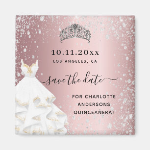 Quinceanera blush pink glitter dress save the date magnet