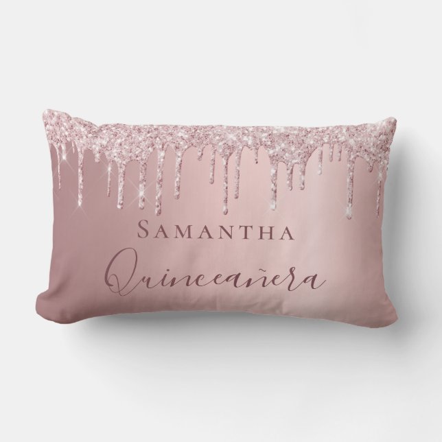 Quinceanera blush pink glitter drips monogram name lumbar cushion (Front)
