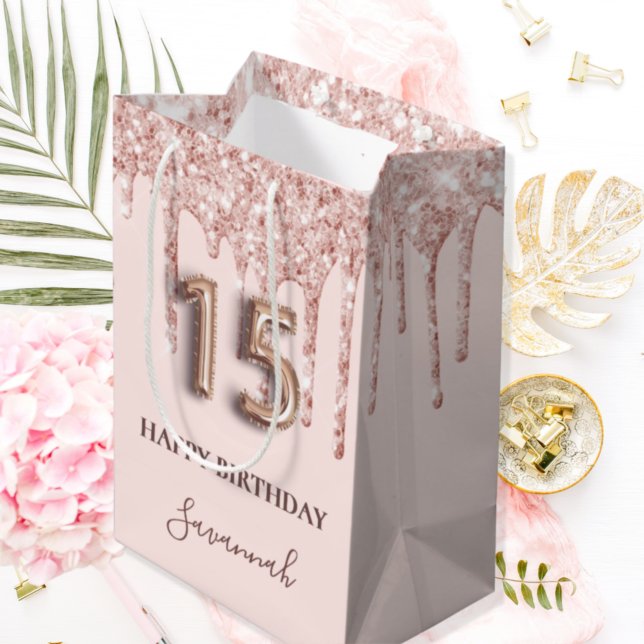 Quinceanera blush pink glitter drips rose gold medium gift bag (Creator Uploaded)