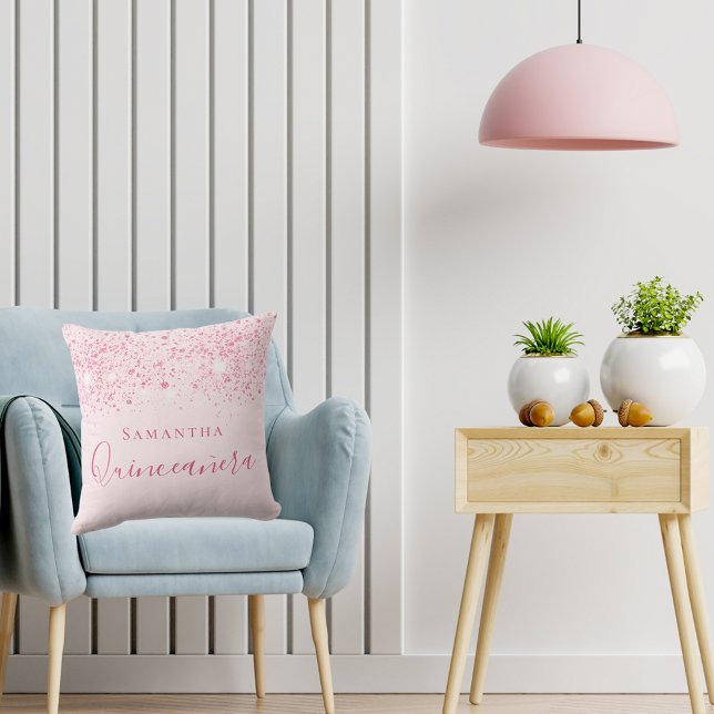 Quinceanera blush pink glitter drops monogram  cushion (Creator Uploaded)