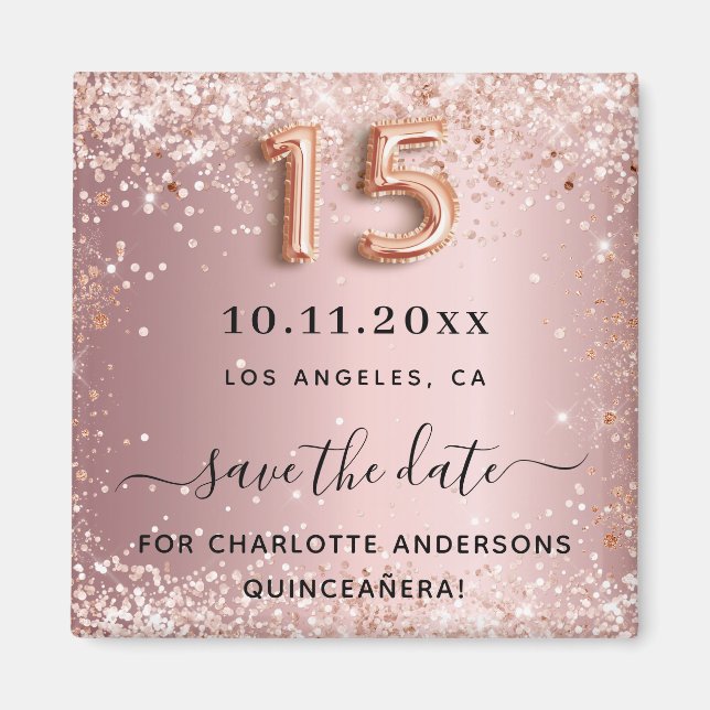 Quinceanera blush pink glitter dust save the date magnet (Front)