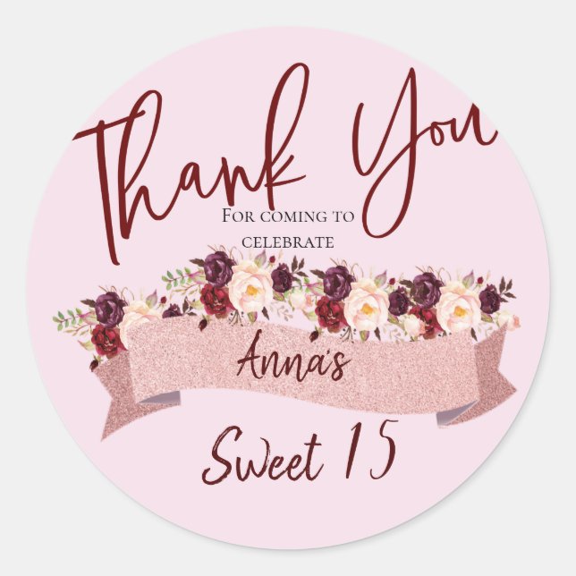 Quinceañera Blush Pink Glitter Floral Birthday Classic Round Sticker (Front)