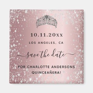 Quinceanera blush pink glitter tiara save the date magnet
