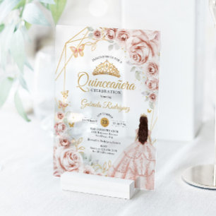 Quinceanera Blush Pink Gold Floral Dress Acrylic Invitations