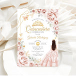 Quinceanera Blush Pink Gold Floral Dress Invitation<br><div class="desc">Blush pink,  gold and white Quinceanera celebration invitation. Features brunette girl in ball gown dress,  script font,  gold butterflies,  watercolor roses and tiara. Perfect for an elegant princess style glam celebration. Personalise with your own details. Printed Zazzle invitations or instant download digital printable template.</div>