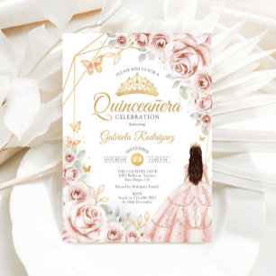 Quinceanera Blush Pink Gold Floral Dress Invitation