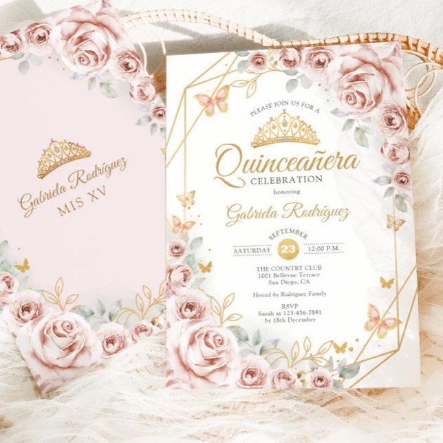 Quinceanera Blush Pink Gold Floral Invitation (Creator Uploaded)