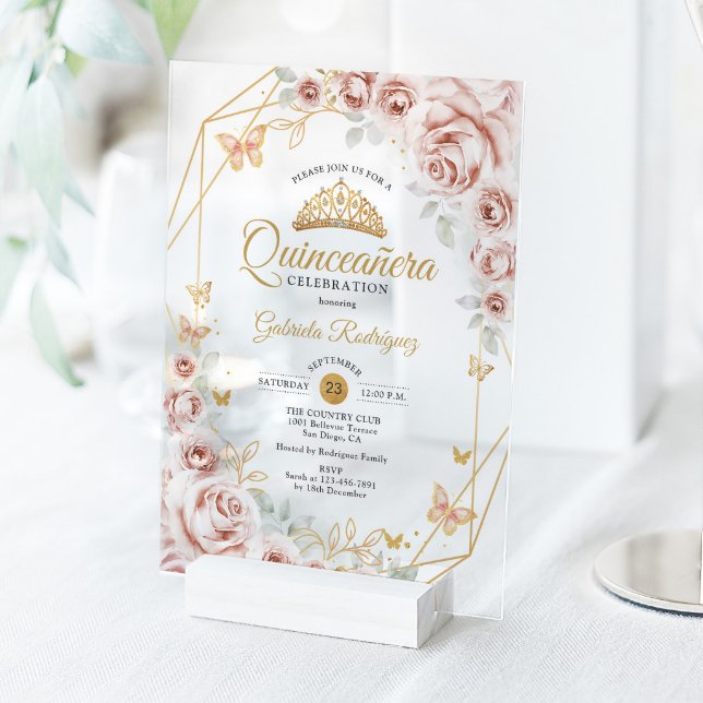 Quinceanera Blush Pink Gold Floral Invitation (Creator Uploaded)