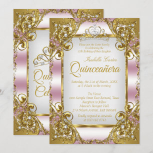 Quinceanera Blush Pink Golden Pearl Tiara Party Invitation
