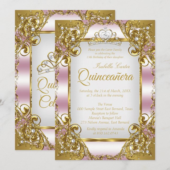 Quinceanera Blush Pink Golden Pearl Tiara Party Invitation (Front/Back)