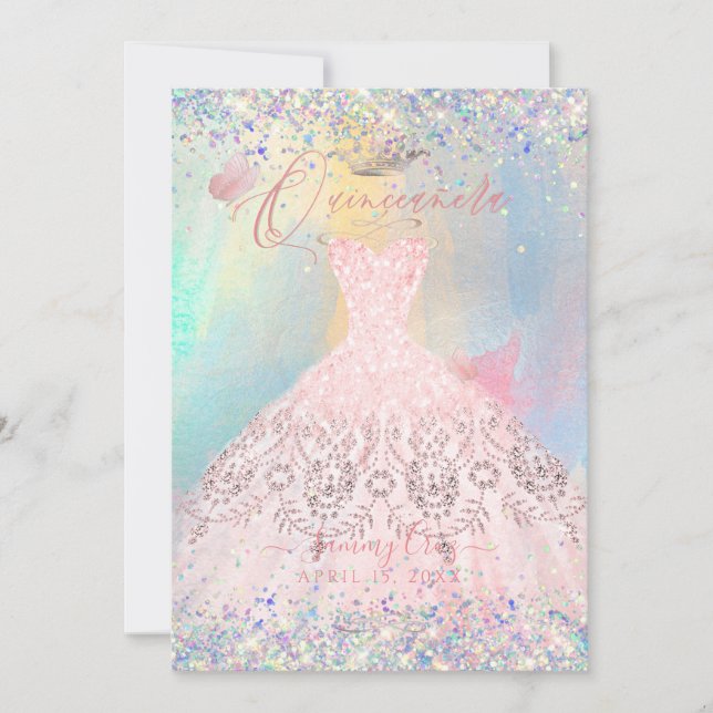 Quinceanera Blush Pink Gown Holographic Glitter Invitation (Front)
