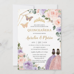 Quinceañera Blush Pink Lilac Purple Floral Twins  Invitation