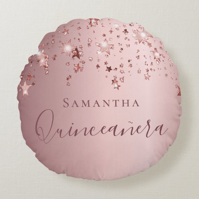Quinceanera blush pink monogram name sparkle round cushion (Front)