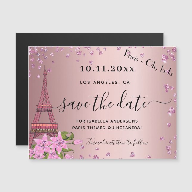Quinceanera blush pink paris save the date magnet (Front/Back)