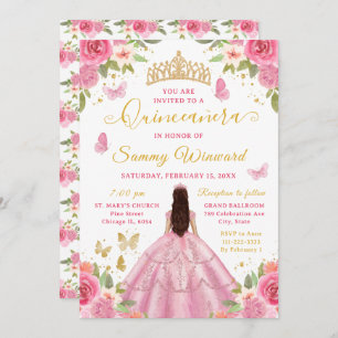 Quinceañera Blush Pink Princess Brunette Girl Invitation