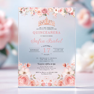 Quinceañera Blush Pink Rose Floral Acrylic Invitations