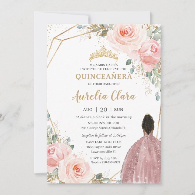 Quinceañera Blush Pink Rose Floral Brown Princess Invitation (Front)