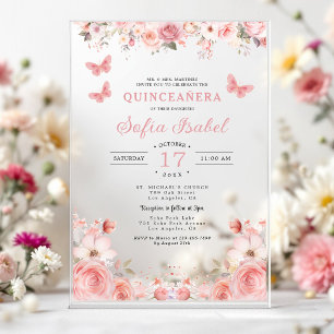 Quinceañera Blush Pink Rose Floral Butterfly Acrylic Invitations