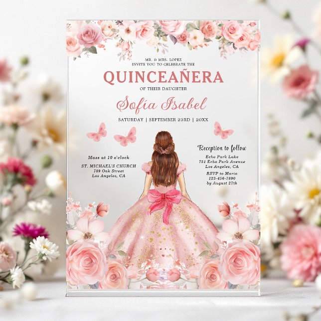 Quinceañera Blush Pink Rose Floral Butterfly Acrylic Invitations (Creator Uploaded)