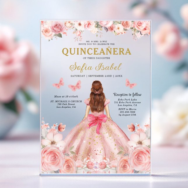 Quinceañera Blush Pink Rose Floral Butterfly Acrylic Invitations (Creator Uploaded)