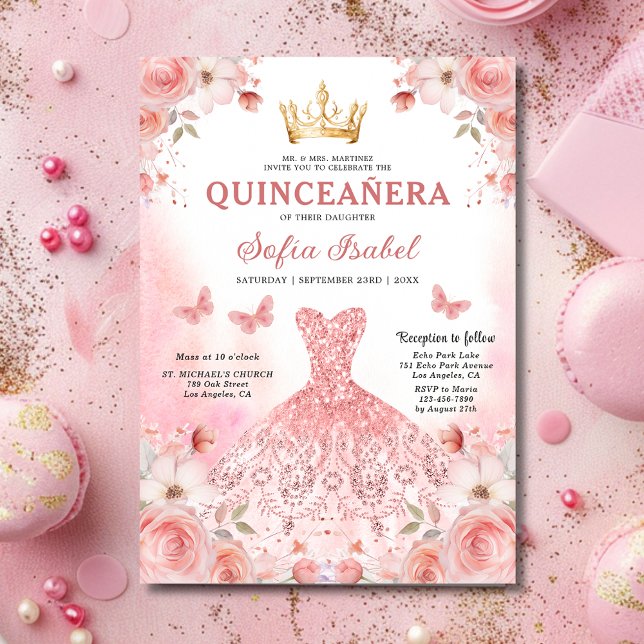 Quinceañera Blush Pink Rose Floral Butterfly Invitation (Creator Uploaded)