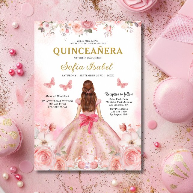 Quinceañera Blush Pink Rose Floral Butterfly Invitation (Creator Uploaded)