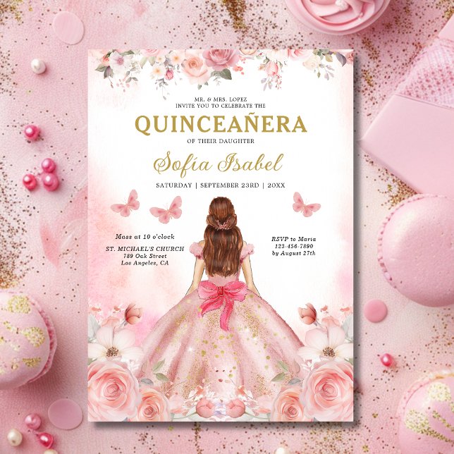 Quinceañera Blush Pink Rose Floral Butterfly Invitation (Creator Uploaded)