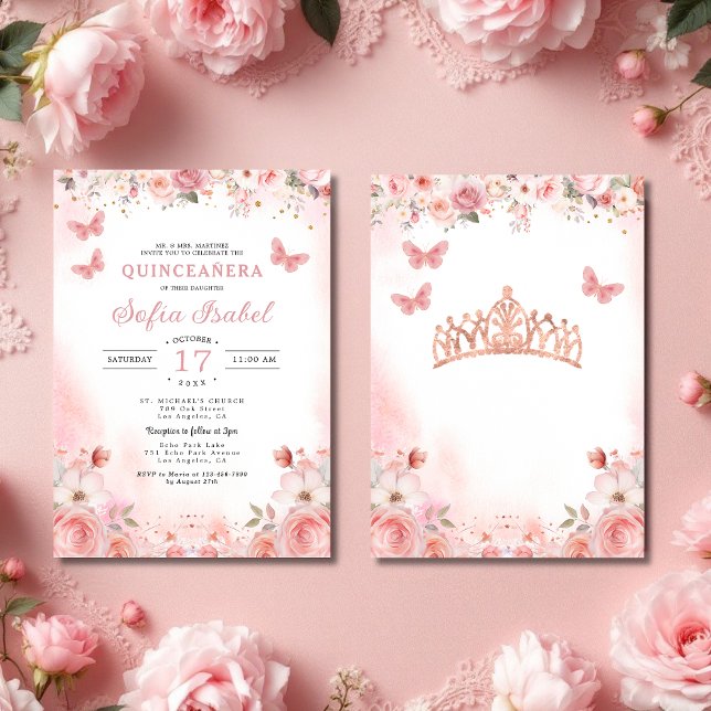 Quinceañera Blush Pink Rose Floral Butterfly Invitation (Creator Uploaded)