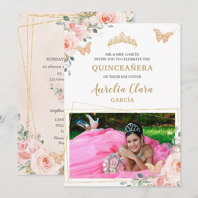 Quinceañera Blush Pink Rose Floral Butterfly Photo Invitation (Front/Back)