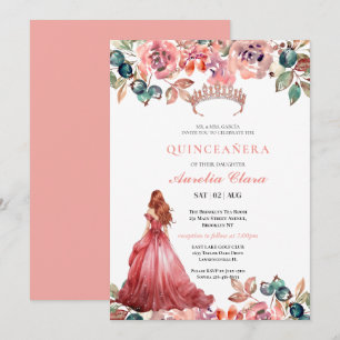 Quinceañera Blush Pink Rose Floral Butterfly Tiara Invitation