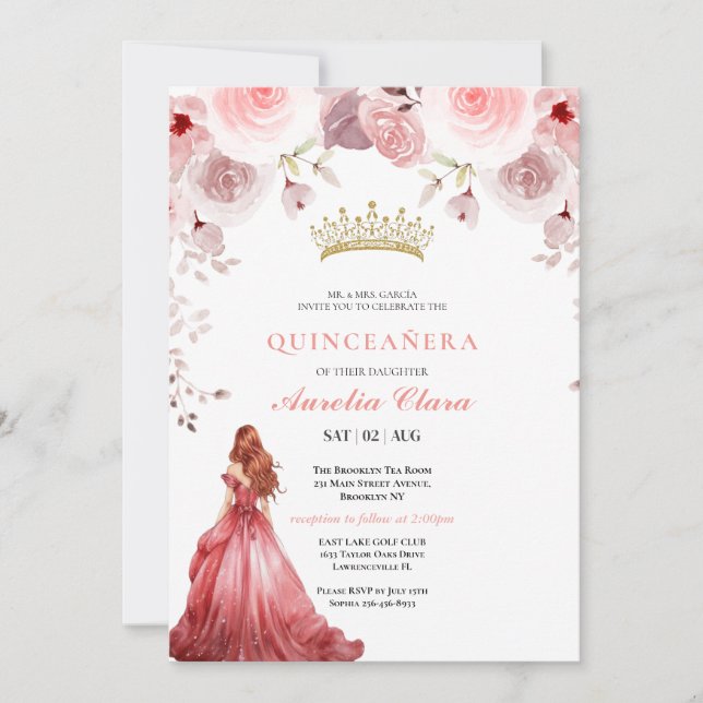 Quinceañera Blush Pink Rose Floral Butterfly Tiara Invitation (Front)