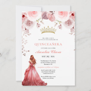 Quinceañera Blush Pink Rose Floral Butterfly Tiara Invitation