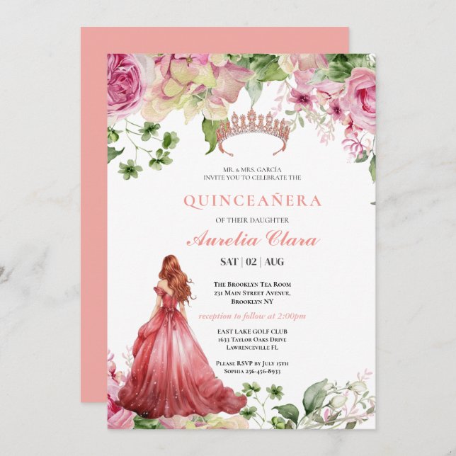 Quinceañera Blush Pink Rose Floral Butterfly Tiara Invitation (Front/Back)
