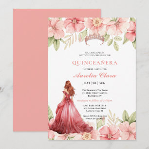 Quinceañera Blush Pink Rose Floral Butterfly Tiara Invitation