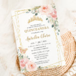 Quinceañera Blush Pink Rose Floral Butterfly Tiara Invitation<br><div class="desc">Personalise this lovely quinceañera invitation with own wording easily and quickly,  simply press the customise it button to further re-arrange and format the style and placement of the text.  Matching items available in store!  (c) The Happy Cat Studio</div>