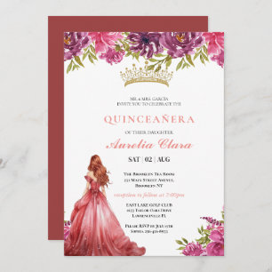 Quinceañera Blush Pink Rose Floral Butterfly Tiara Invitation