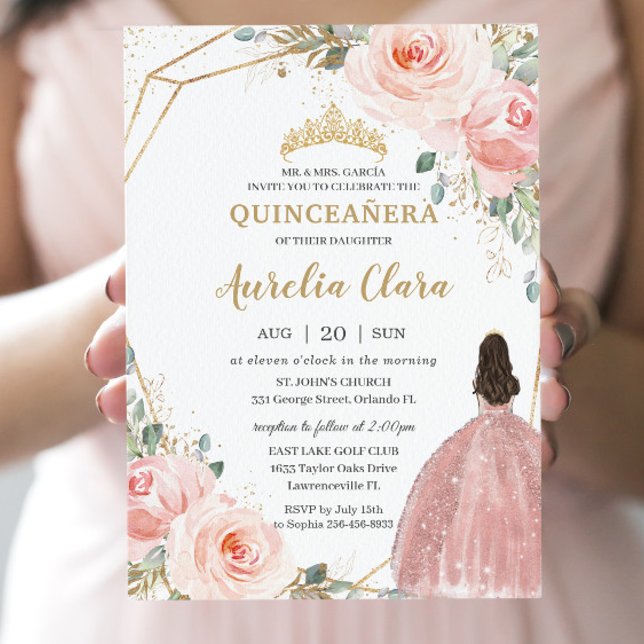 Quinceañera Blush Pink Rose Floral Mis Quince Anos Invitation (Creator Uploaded)