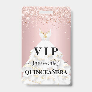 Quinceanera blush pink rose glitter dust name vip ID badge