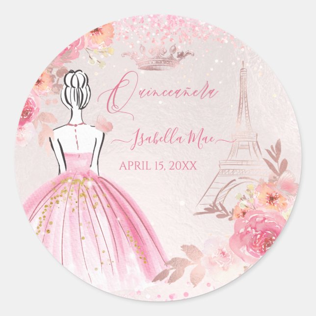 Quinceanera Blush Pink Rose Gold Eiffel Tower Classic Round Sticker (Front)
