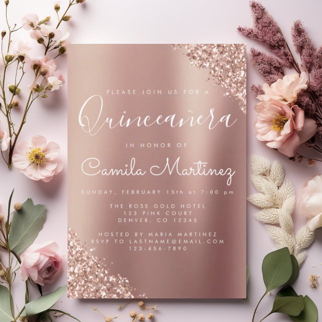 Quinceanera Blush Pink - Rose Gold Glitter Sparkle Invitation (Creator Uploaded)