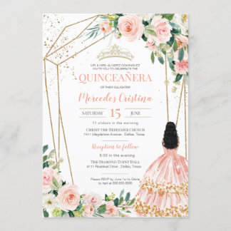Quinceanera Blush Pink Roses and Gold, Girl Gown Invitation