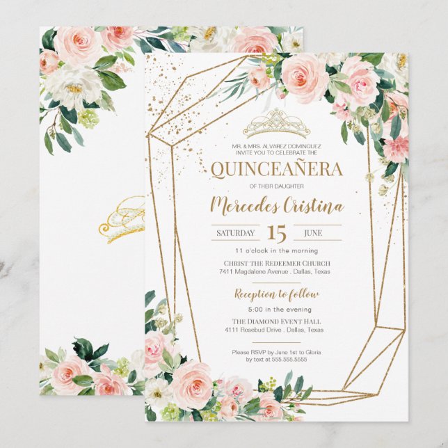Quinceanera Blush Pink Roses and Gold Pearl Tiara  Invitation (Front/Back)