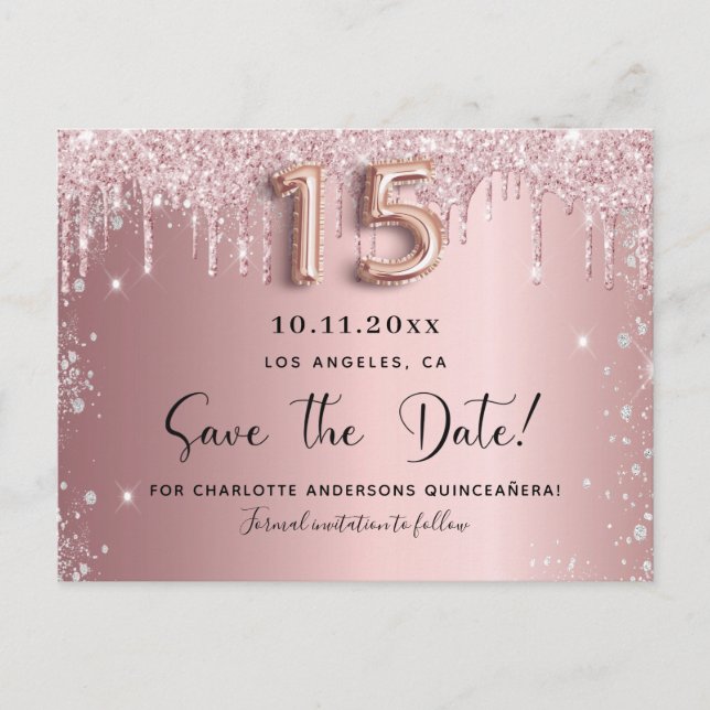Quinceanera blush pink silver dust save the date announcement postcard (Front)