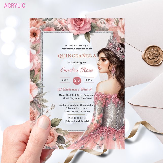 Quinceañera Blush Pink Silver Roses Dress Quince Acrylic Invitations (Creator Uploaded)