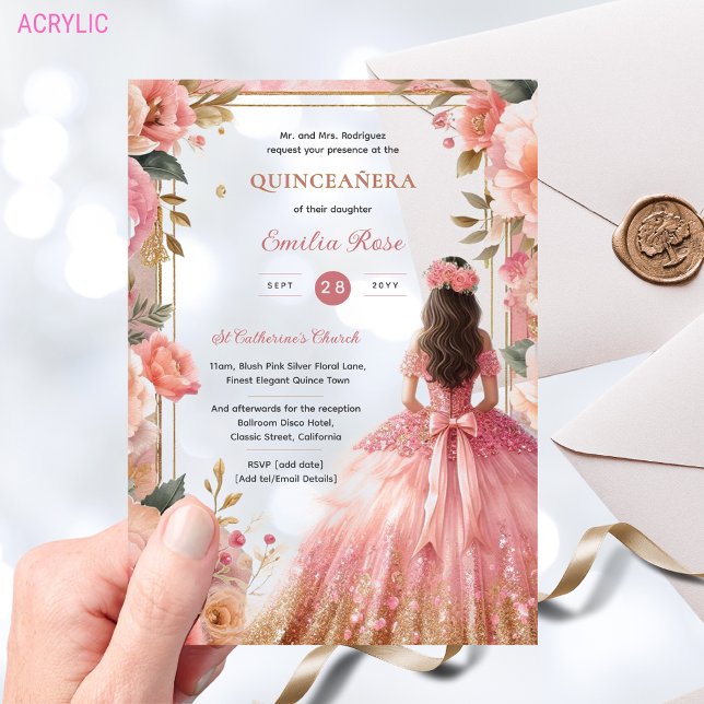 Quinceañera Blush Pink Silver Roses Dress Quince Acrylic Invitations (Creator Uploaded)