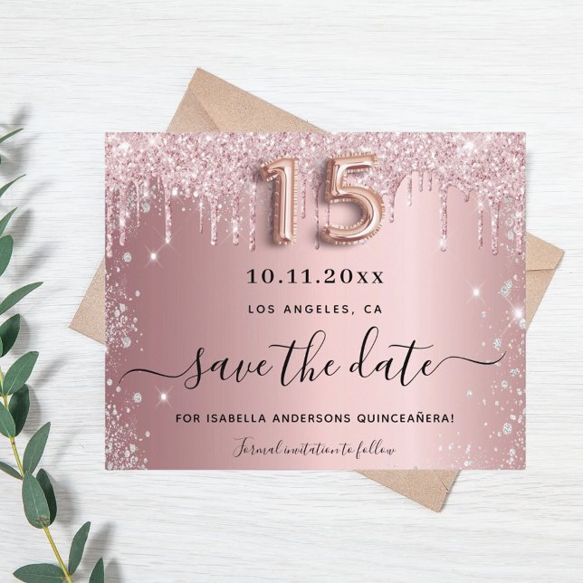 Quinceanera blush pink silver save the date card (Creator Uploaded)