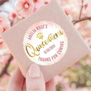 Quinceañera Blush Pink Watercolor Gold Foil Girly Classic Round Sticker
