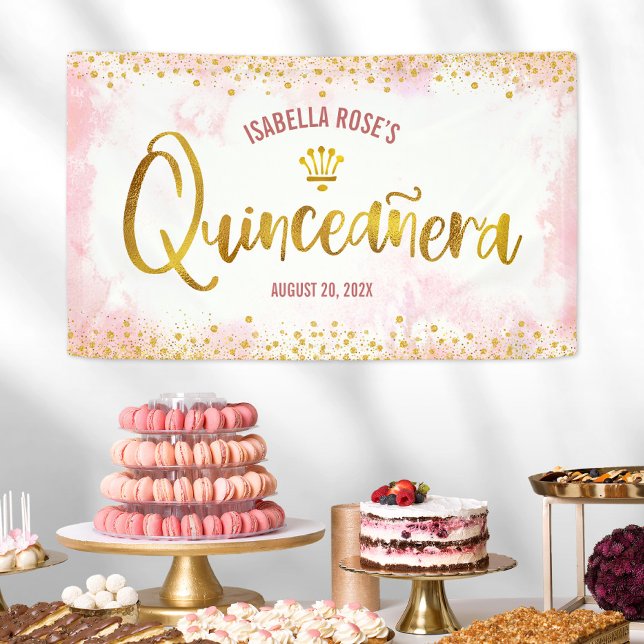 Quinceañera Blush Pink Watercolor Gold Welcome Banner (Creator Uploaded)