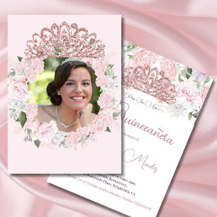 Quinceanera Blush Pink Watercolor Photo Floral   Invitation