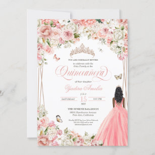 Quinceanera Blush Pink White Floral & Butterfly In Invitation